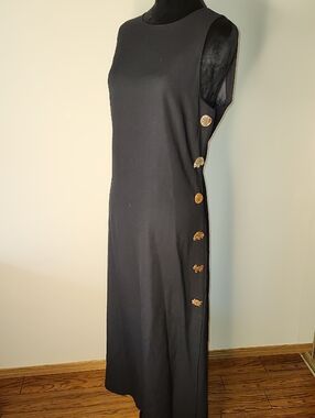 Evan-Picone Black Maxi Dress Size 12 Rayon Flax Linen Blend Animal Wood Buttons